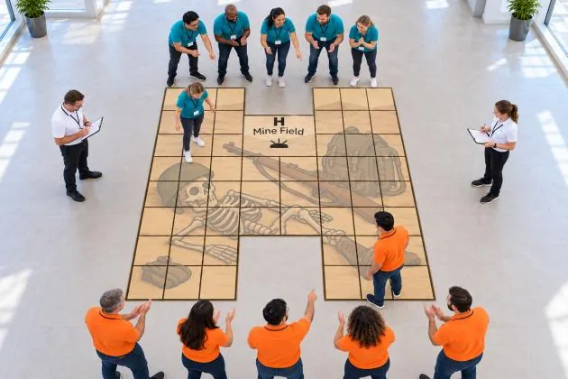 Two teams in coloured T-shirts gathered around the H Minefield floor mat while facilitators observe