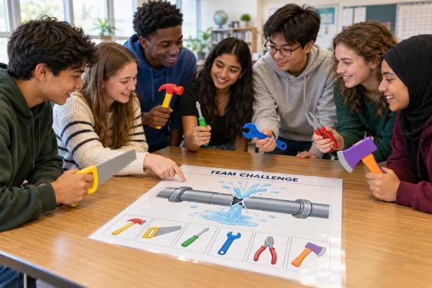 Students working together with toy tools on a team challenge mat