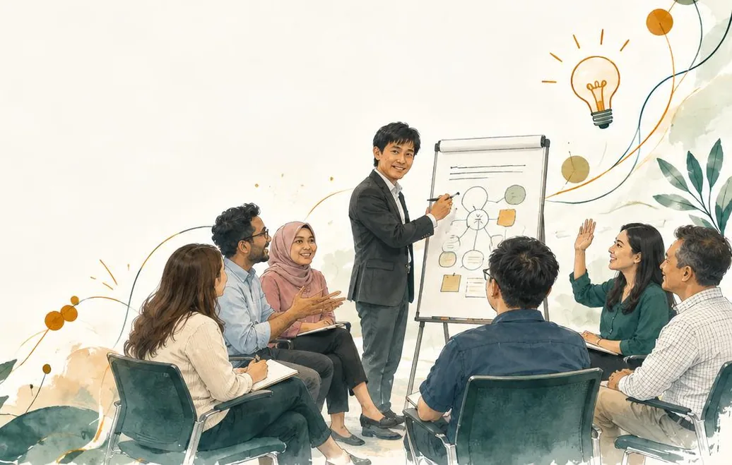 Watercolour illustration of a facilitator drawing a mind map on a flip chart while participants share ideas