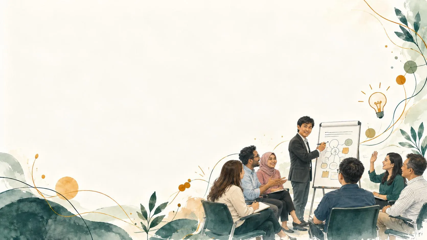 Watercolour illustration of a facilitator sketching ideas on a flip chart for an engaged, smiling group